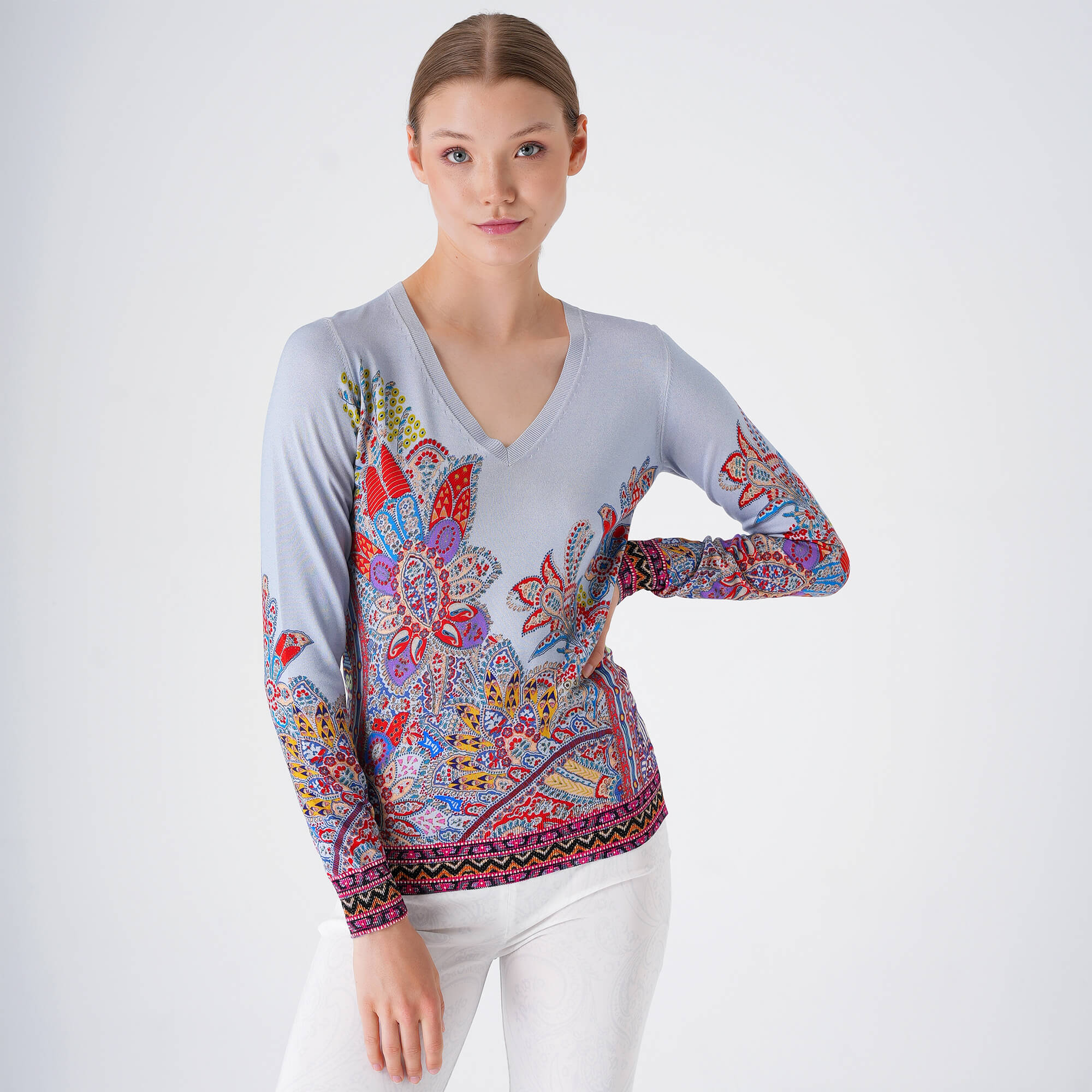 Etro - Blue Paisley Thin V Neck Sweater